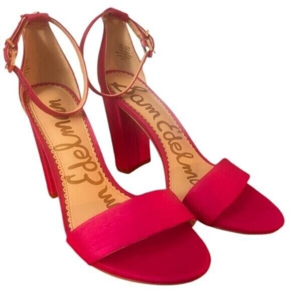 Like-New Sam Edelman Neon Fuchsia Pink Silk Yaro Block Heel Sandals - Picture 2 of 6